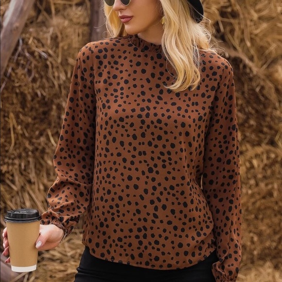 Cheetah print dot lantern sleeve blouse leopard - Picture 2 of 5